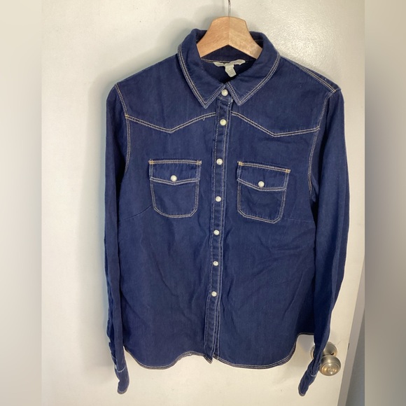 Mango Dark Blue Denim Button Down Long Sleeve Shirt XL - Picture 1 of 11